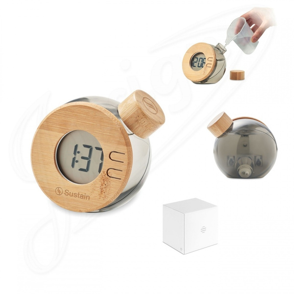 Water powered bamboo LCD clock Droppy Lux