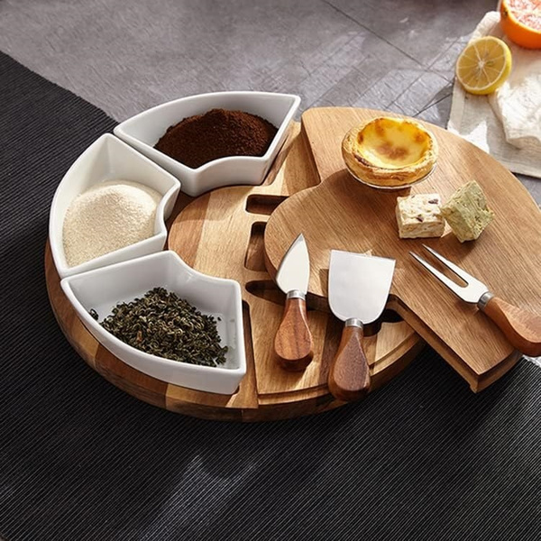 Ξύλινο πλατό Gourmet με 3 μπολ και 3 ανοξείδωτα μαχαίρια τυριού