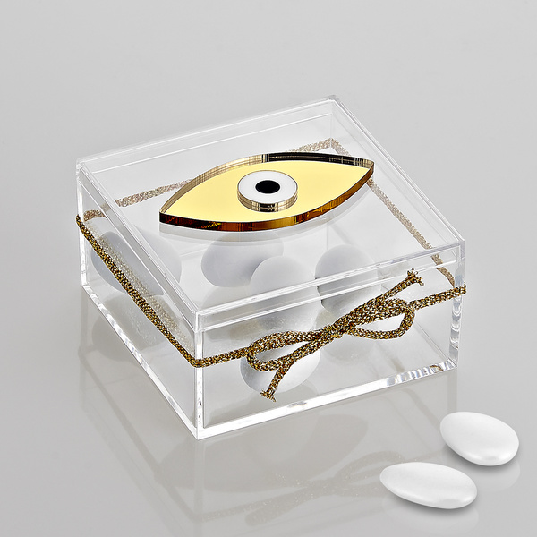 Μπομπονιέρα κουτί πλέξι με μάτι χρυσό-λευκό-μαύρο
