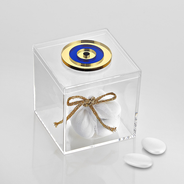 Μπομπονιέρα κουτί πλέξι με μάτι στρογγυλό χρυσό-μπλε-μαύρο