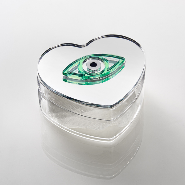 Μπομπονιέρα διάφανο πλέξι καρδιά με μάτι καθρέφτη μέντα-ασημι
