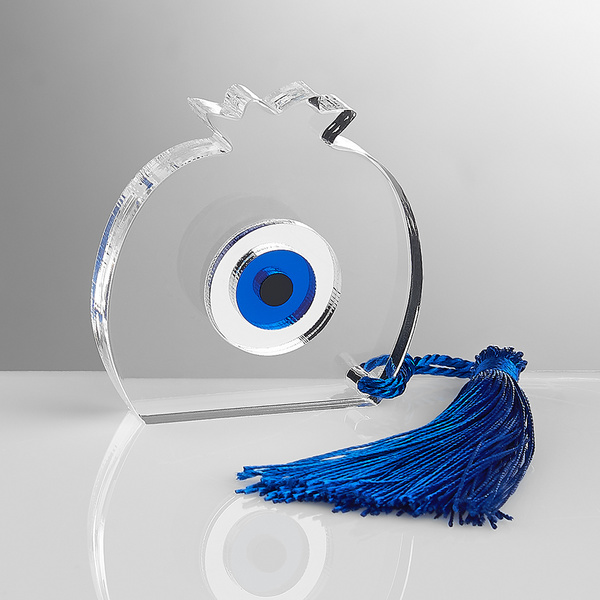 Γούρι ρόδι στρογγυλό διάφανο πλέξι με μάτι ασημί μπλε μαύρο