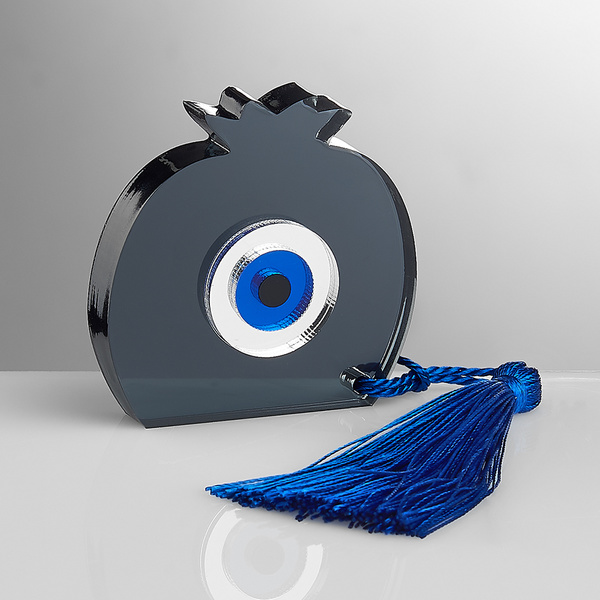 Γούρι ρόδι στρογγυλό διάφανο γκρι  πλέξι με μάτι ασημί μπλε μαύρο