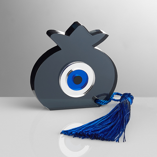 Γούρι ρόδι οβάλ διάφανο γκρι  πλέξι με μάτι ασημί μπλε μαύρο