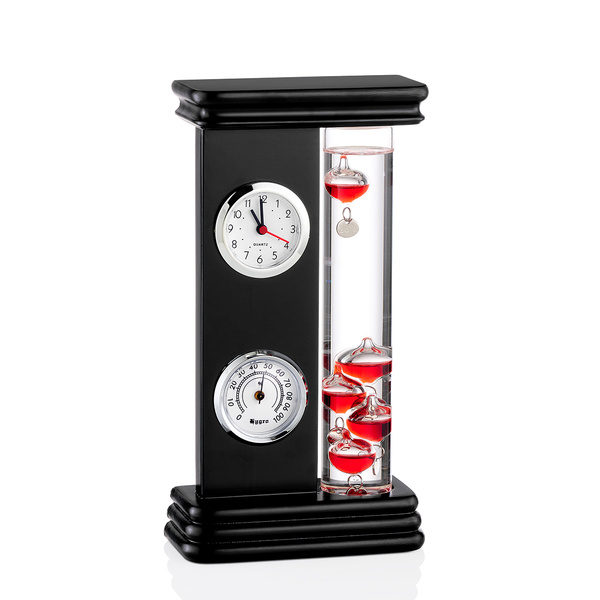 Θερμόμετρο Γαλιλαίου με ρολόι Quartz και υγρόμετρο σε μαύρο ξύλο
