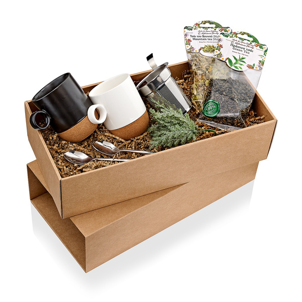 Gift box με 2 κούπες, ανοξείωτο σουρωτήρι τσαγιού, 2 συσκευασίες τσάι του βουνού