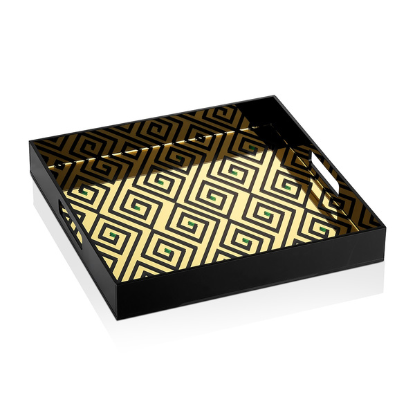 Δίσκος τετράγωνος μάυρο plexiglass με χρυσά γεωμετρικά σχέδια