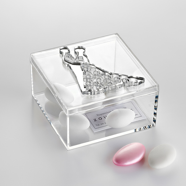 Μπομπονιέρα διάφανο κουτί με ζευγάρι ασημί καθρέφτη plexiglass