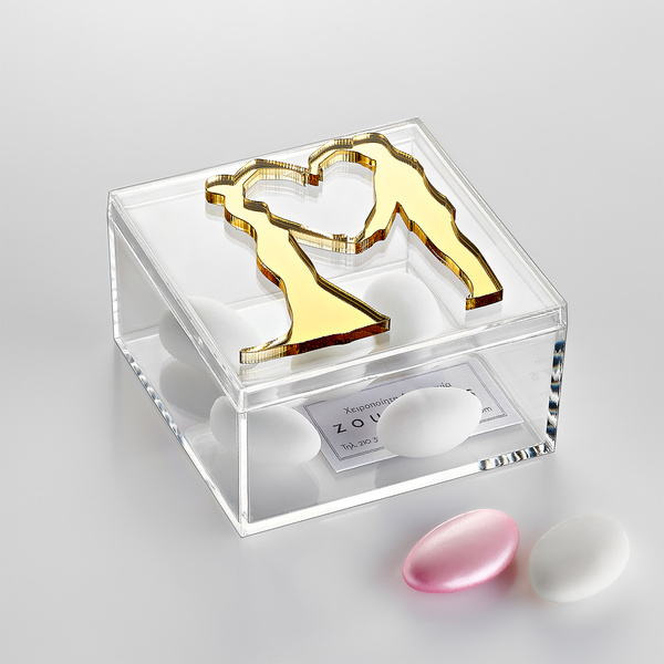 Μπομπονιέρα διάφανο κουτί με ζευγάρι χρυσο καθρέφτη καρδιά plexiglass