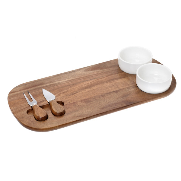 Ξύλινο πλατό Gourmet με 2 μπολ και 2 ανοξείδωτα μαχαιράκια τυριού